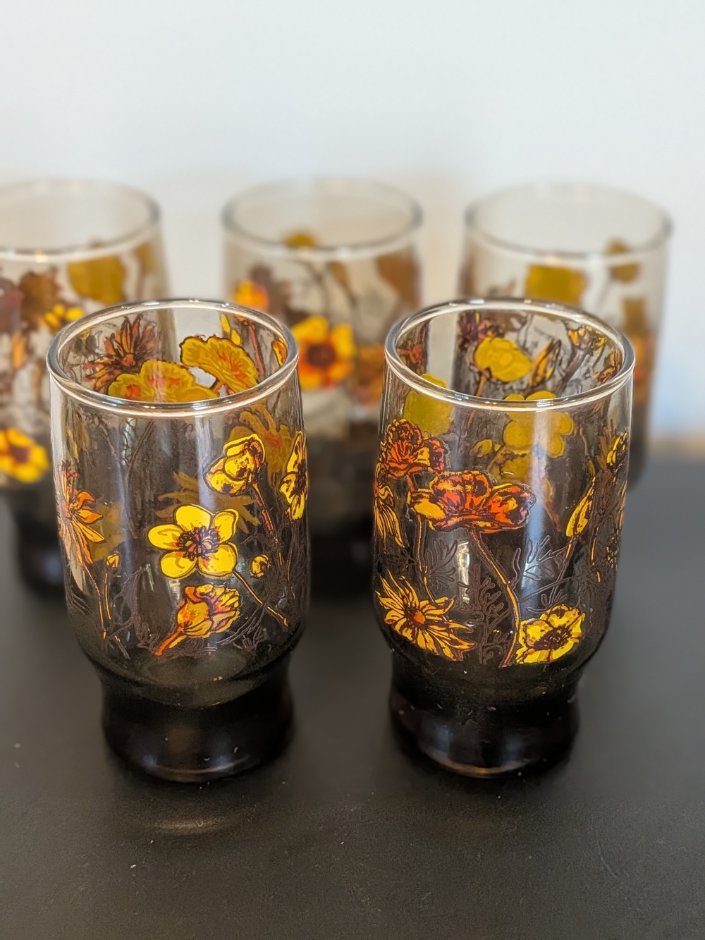 Vintage 1970's Set Of 6 Glasses Of Smoky Amber Brown With Painted Floral Pattern